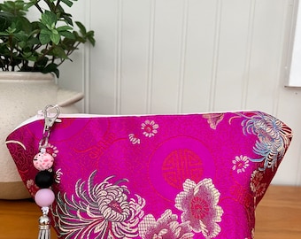 Hot Pink and Gold Iridescent Brocade Floral Zipped Storage Bag with Beads and Tassel, Handmade