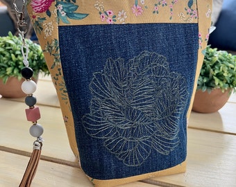 Beautiful Peony and Florals Storage Zipped Bag with Laser Embossed Floral Illusion on Repurposed Denim Fabric, Gold, Blue and Pink