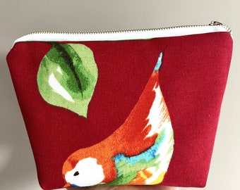 Red Bird and Green Leaves Zipped Pouch, Storage Pouch, Zipper Bag, Cosmetic Bag, Storage Bag, Accessories Bag