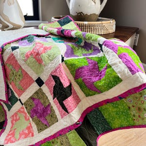 Handmade Throw Quilt: Green, Pink and Purple