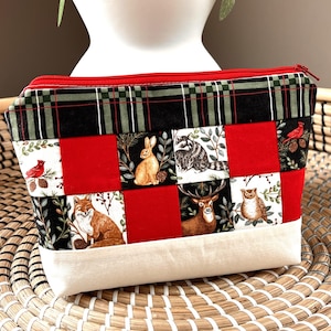 Woodland Animals Patchwork Zipper Pouch: Handmade Cotton Cosmetic Bag