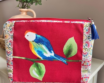 Floral Bird Print Zipper Pouch: Handmade Travel Cosmetic Bag