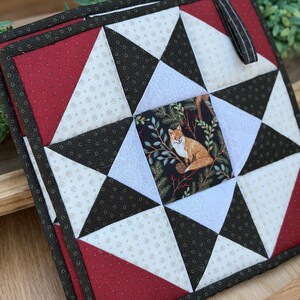Woodland Quilted Potholder Set - Patchwork Star Hot Pads with Fox Owl Cardinal - 9.25 Inch Square Cotton Trivets Set of 2