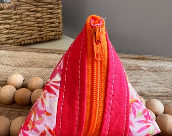 Pink and Orange Triangle Zipped Pouch, Coin Purse, Small Pouch, with Swivel Clip, Pyramid Shape