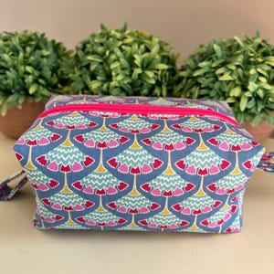 Pretty Blue Floral Boxy Pouch with Pink Zipper,  Makeup Bag, Storage Zip Pouch, Travel Pouch