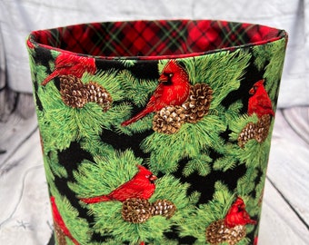 Red Cardinals in Pine Trees Fabric Basket with Red and Green Plaid Interior, Handmade Home Accent, Storage and Gift Basket