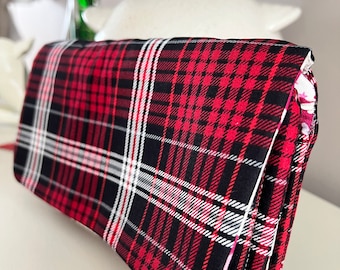 Red, Black and White Plaid TriFold Women's Fabric Wallet, Handmade with Magnetic Snap, Credit Card Pockets, Bill Pockets, Zipped Pouch