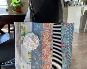 French Country Tote Bag, Handmade, Blue, Yellow and White, with a White Flower Accent and Inside Pockets, Floral, Gifts for Women