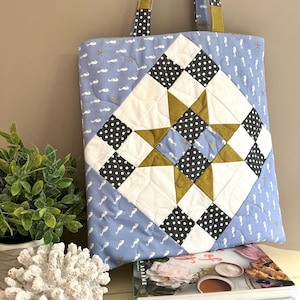 Handmade Quilted Blue, Gold and White Tote Bag with Beautiful Quilt Block on the Front and Back, High Quality One Of A Kind Fabric Tote Bag