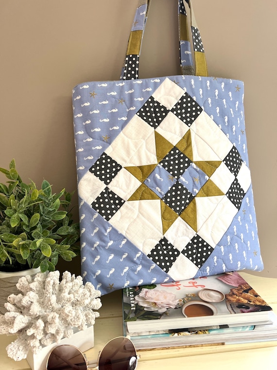 Handmade Quilted Blue, Gold and White Tote Bag With  display picture 1