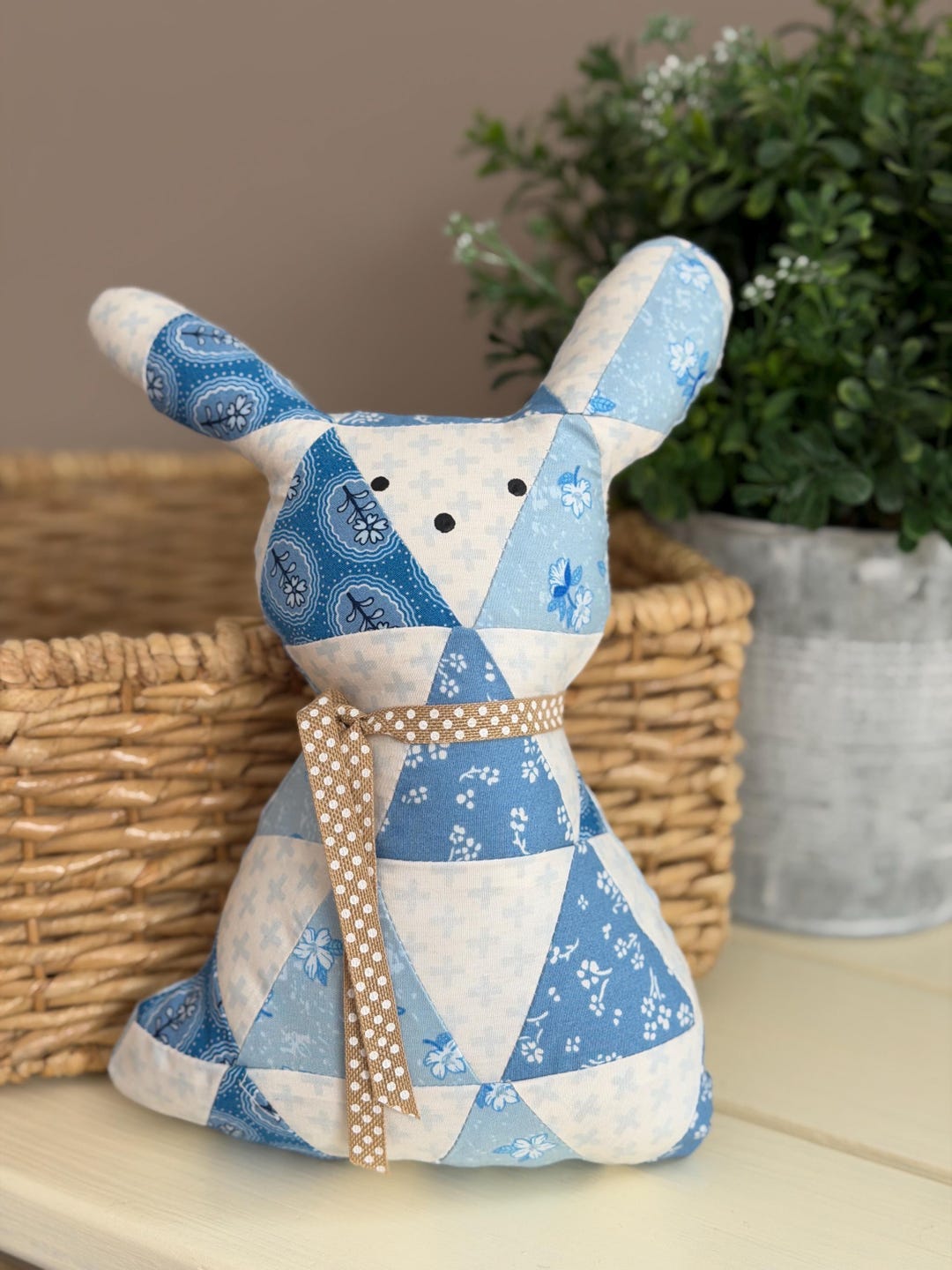 Patchwork Fabric Bunny Plush - 10" Handmade Blue and White Cotton ...