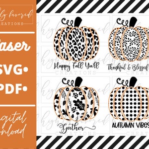 May include: Four digital cut files of pumpkins with different patterns. The pumpkins are black and white with gold outlines. The text on the images reads "Happy Fall Y'all", "Thankful & Blessed", "Gather", and "Autumn Vibes".