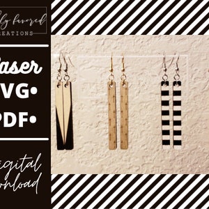 May include: Four pairs of laser cut wooden earrings. The earrings are in different patterns, including a geometric pattern, a cross pattern, a striped pattern, and a chevron pattern. The earrings are hanging on a white background.