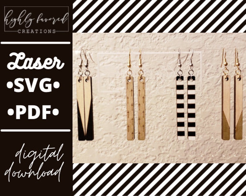 May include: Four pairs of laser cut wooden earrings. The earrings are in different patterns, including a geometric pattern, a cross pattern, a striped pattern, and a chevron pattern. The earrings are hanging on a white background.