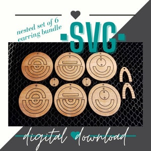May include: A set of six nested circle earring designs in SVG format. The earrings are made of wood and have a natural brown color. The design features concentric circles with a line in the center. The text "SVG" is in large, teal letters. The text "nested set of 6 earring bundle" is in black text. The text "digital download" is in black text with a heart symbol.