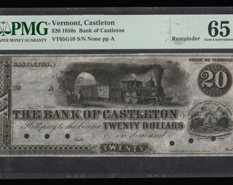 1850s Vermont, Castleton 20 Dollars PMG 65EPQ Train Design Reminder