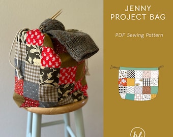 Jenny Projekttasche | Schnittmuster, PDF Schnittmuster, Patchwork Tasche, Taschenschnittmuster, Kordelzugmuster, Stricken Projekttasche