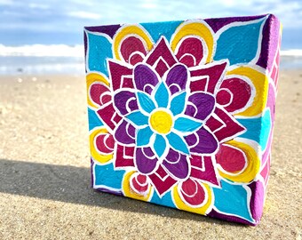 Mandala Painting on Canvas - Colorful Mandala Painting on a Canvas - Mini Mandala Painting on Canvas - Mandala Painting on Canvas Cube