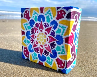 Mandala Painting on Canvas - Colorful Mandala Painting on a Canvas - Mini Mandala Painting on Canvas - Mandala Painting on Canvas Cube