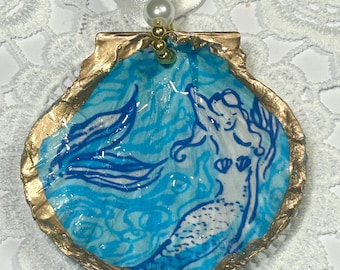 Decoupage Scallop Shell Mermaid Ornament: Coastal Christmas Decor, Seashell Ornament