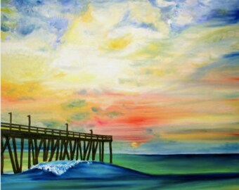 Avalon Dawn: Limited Edition Prints and Posters - Surf Art - OBX Art - Outer Banks Art - Outer Banks Gift - Sunrise - Pier Painting - OBX