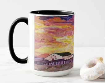 Kitty Hawk Pier Coffee Mug - 15 ounce Mug - Outer Banks - OBX - Coastal Art - Surf Art - OBX Gift - Vacation Gift - OBX Art