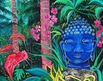 Blue Garden Buddha: Limited Edition Print - Buddha - Home Decor - Floral Art - Tropical Art - Barbados Art - Caribbean Art - Palm Trees