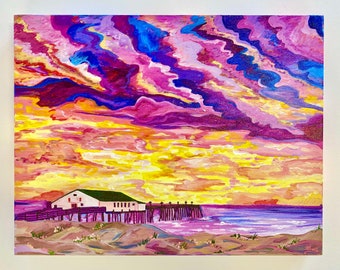 Original Acrylic Painting on Canvas: Sunrise at Kitty Hawk Pier - Outer Banks - OBX Art - Coastal Decor - Beach House Decor