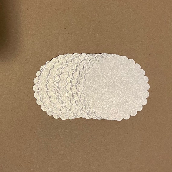 25 - Scalloped Circles - White Shimmer Cardstock - Choose Your Size - 2” - 2.5” - 3” - 3.5” - 4” - Shape - Label - Tag - Decor - Set 8506