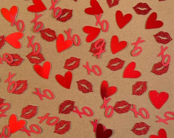 Valentine’s Day Confetti - 100 pieces - 1 inch - XO - lips - hearts - red - glitter - shimmer - foil - cardstock -table decor- card set 8011