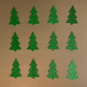 12 - 2.5&quot; x 1.5&quot; Primary Green Glitter Christmas Tree Die Cuts - Holiday - Christmas - Winter - Pine Tree - Paper Craft - Card Decor- Set 34