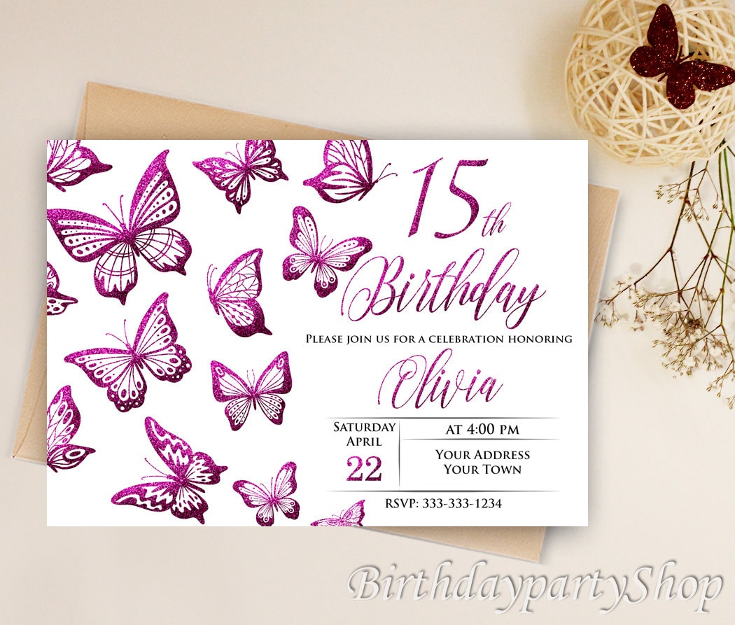 15th Birthday Butterfly Invitation Butterfly Birthday Etsy