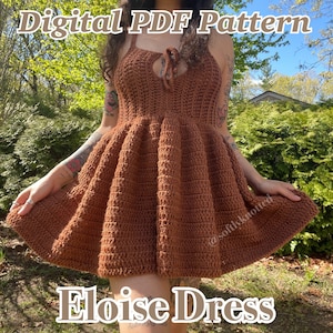 May include: A brown crochet dress with a halter neckline and a tie at the front. The dress has a fitted bodice and a flared skirt. The dress is called "Eloise Dress" and is a digital PDF pattern.