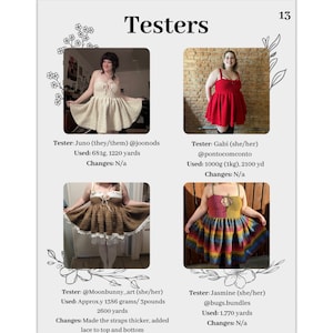 May include: Four testers show off their crochet dresses. The dresses are in different colors and styles, including a cream dress, a red dress, a brown dress, and a multi-colored dress. The testers are all smiling and looking happy with their creations.