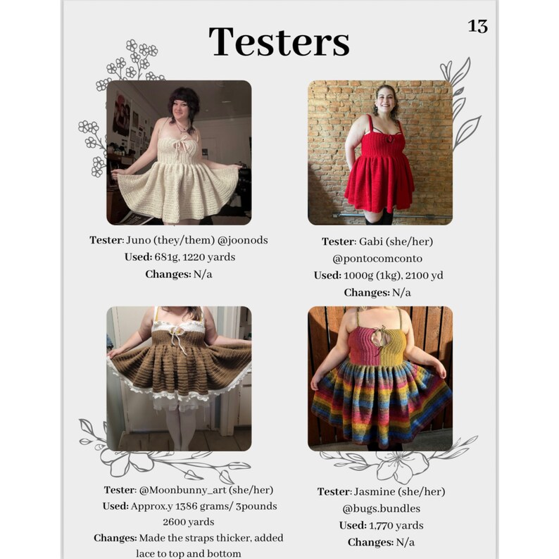 May include: Four testers show off their crochet dresses. The dresses are in different colors and styles, including a cream dress, a red dress, a brown dress, and a multi-colored dress. The testers are all smiling and looking happy with their creations.