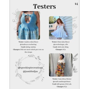 May include: Three crocheted tops in different colors and styles. The first top is light blue with a crochet design and a keyhole neckline. The second top is white with a crochet design and a scoop neckline. The third top is a rainbow stripe pattern with a halter neckline. The text on the image reads "Testers" and includes the usernames and yarn used by each tester.