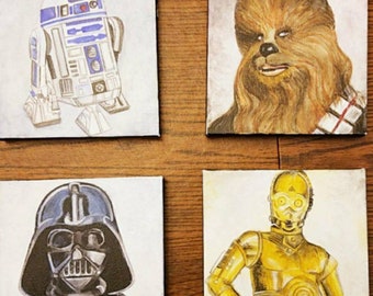 Star Wars Inspired  Paintings - R2d22 - C33po - Dart Vader - Chey - Star Wars fan art