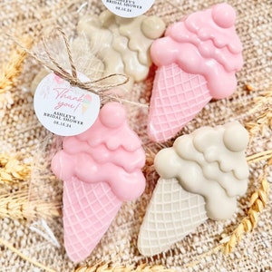 May include: Pink and white ice cream cone shaped soaps with a thank you tag that says "Thank you! Ashley's Bridal Shower 08.16.24"