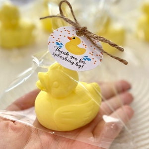 May include: Yellow rubber ducky favor in a clear plastic bag with a thank you tag that reads "Thank you for splashing by!"