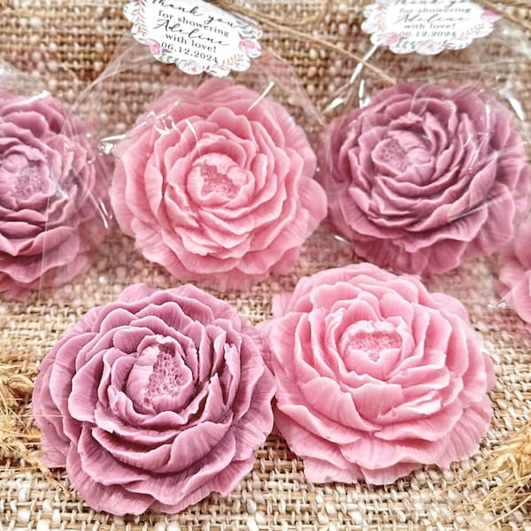 Big Flower Soap Favors - Bridal Shower Gift, Baby in Bloom Sprinkle Decoration for Guests in Bulk Dusty Rose Pink Floral Party Girl Ideas