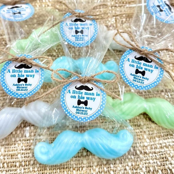 Little Man Soap Favors - Boy Baby Shower, First Birthday Decorations, Mustache Party Soap Gift for Guests in Bulk, Blue Custom Babyshower