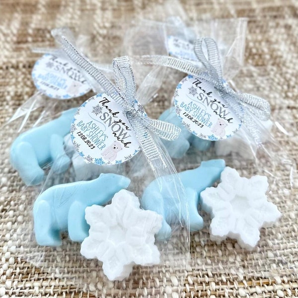 Winter Baby Shower Soap Favors - Elegant Polar Bear Snowflake Boy Party Decorations, Gift for Guests in Bulk, Onederland Custom Personalized