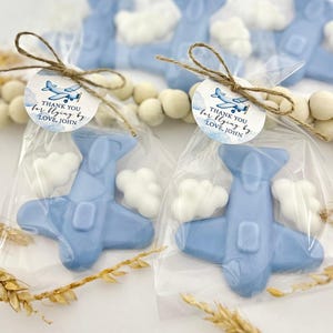 May include: Blue airplane shaped soap favors with white cloud soaps in clear cellophane bags tied with twine and a round tag that says "Thank you for flying by Love, John".