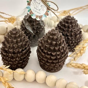 May include: Four brown pine cone-shaped objects, possibly candles or decorations, are arranged on a white surface. A tag with the words "Thank you Snow Much" and the date 11.27.2025 is attached to one of the objects. Decorative wooden beads and wheat stalks are also present.
