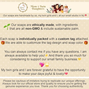 May include: A text-based image promoting handmade soaps. The image features a logo for "Mom & Twin Daughters" and the text "Our soaps are ethically made, with ingredients that are all non-GMO & include sustainable palm." The image also includes a message about the soaps being individually packed with a custom tag attached.