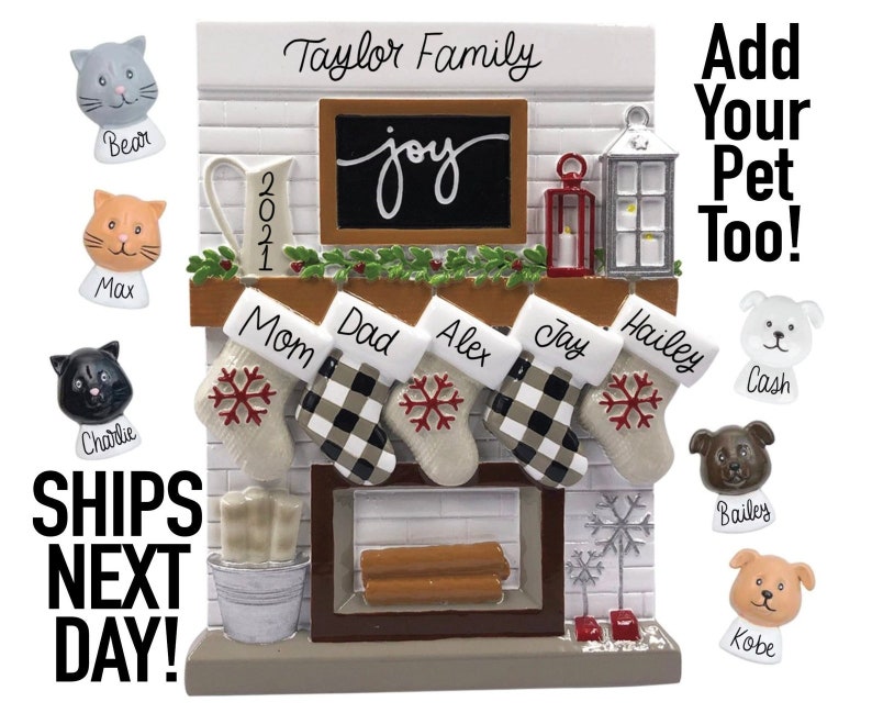 Personalized Christmas Ornament, Family Christmas Ornament with Pet Dog Cat Fireplace Mantel Personalized Gift 2022 Ornament Family Stocking 