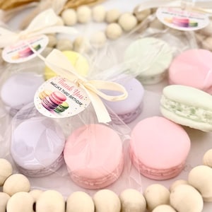 May include: Pastel-colored macarons in clear cellophane bags tied with white ribbon and a round tag that says "Thank You Amelia's Third Birthday".