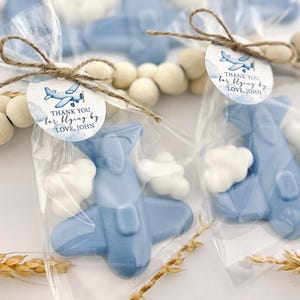 May include: Blue airplane shaped soap favors with white cloud accents in clear cellophane bags tied with twine and a round tag that reads "Thank you for flying by Love, John"