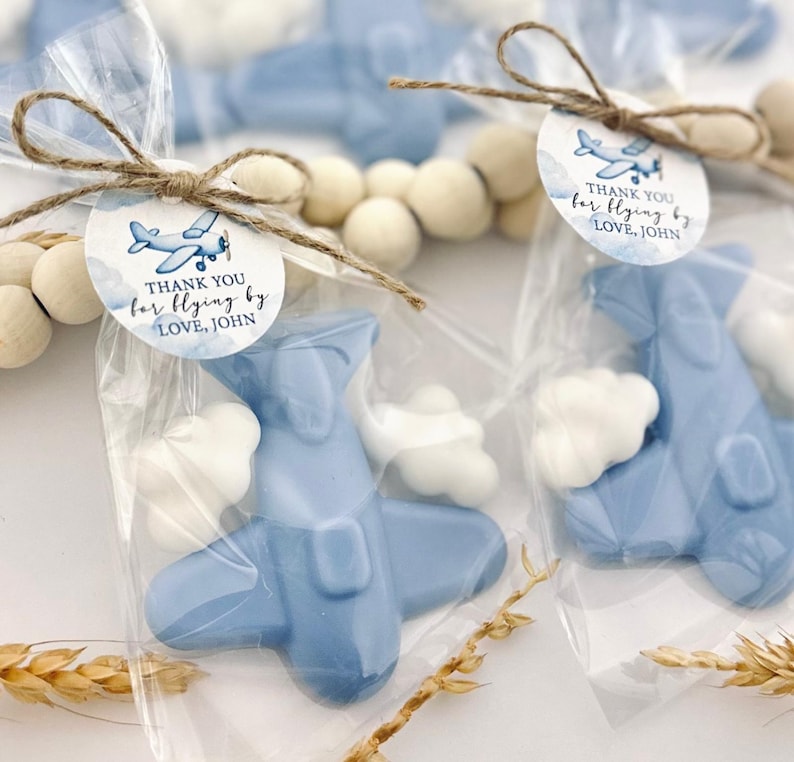May include: Blue airplane shaped soap favors with white cloud accents in clear cellophane bags tied with twine and a round tag that reads "Thank you for flying by Love, John"