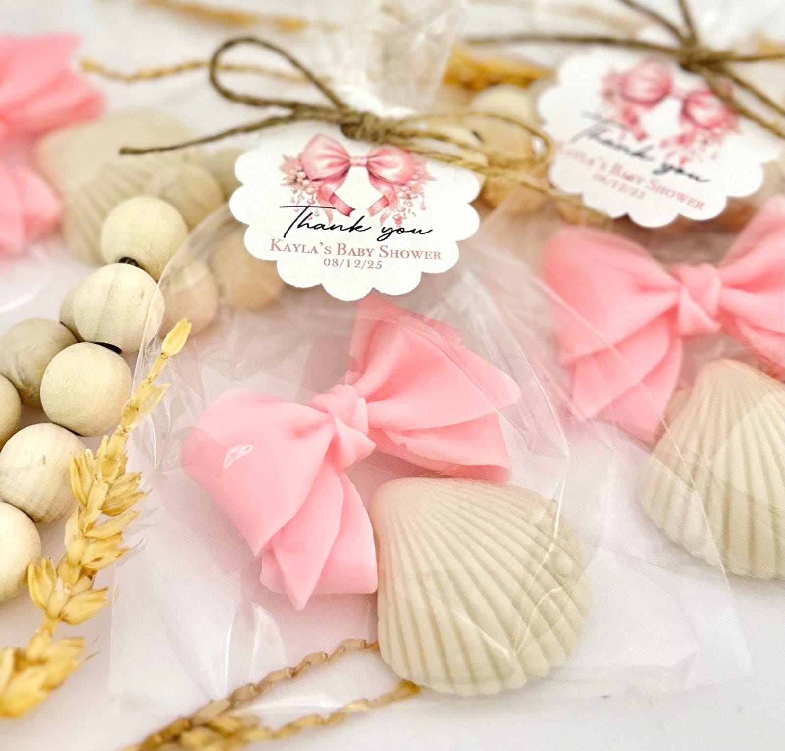 Bow & Shell Soap Favors - 2 Soaps Per Bag - Pearl Theme Baby Shower Party, Bridal Wedding Bachelorette Birthday, Thank You Bulk Guest Gifts
